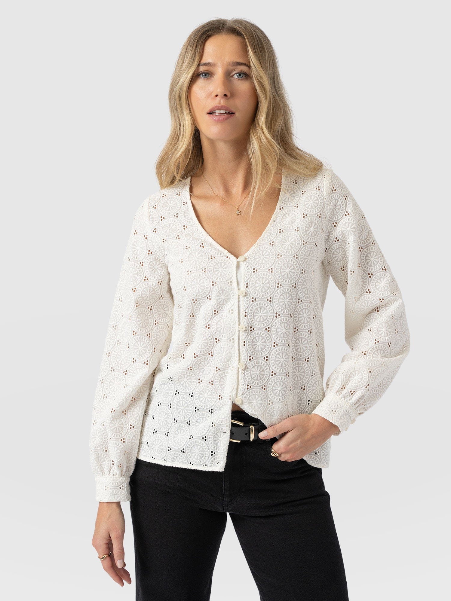 Tabitha V Neck Blouse - Cream Broderie - Women's Blouses | Saint + Sofia® EU